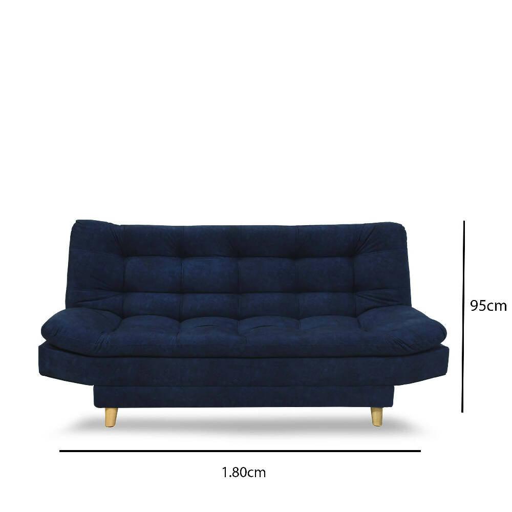 Sofá cama Moltochic con brazos Lino azul, mesa de centro, cojines mostaza - VIRTUAL MUEBLES
