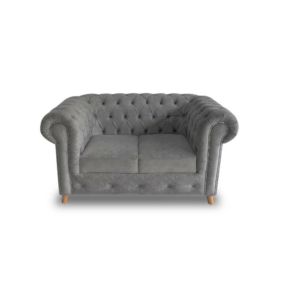 Sofá chester gris lino, patas de madera