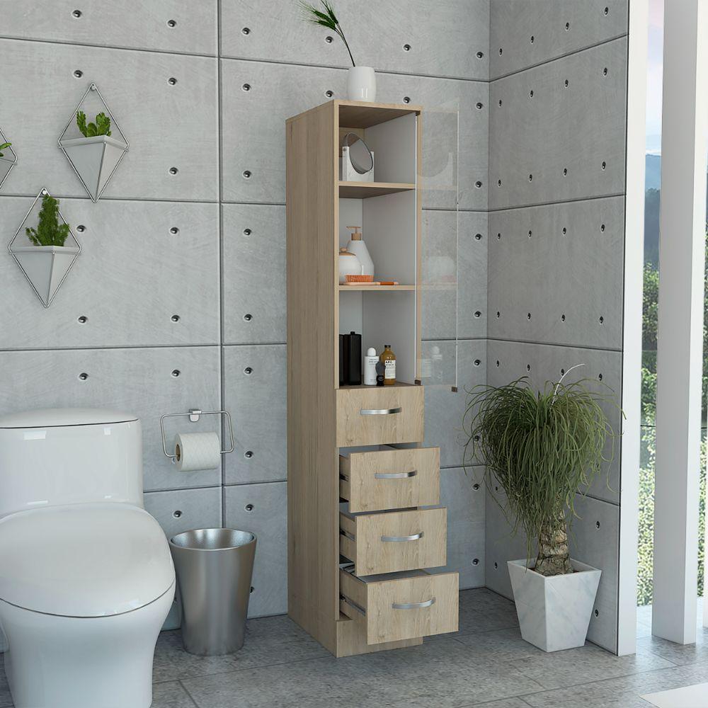 Mueble auxiliar para baño con un diseño estrecho y compacto de