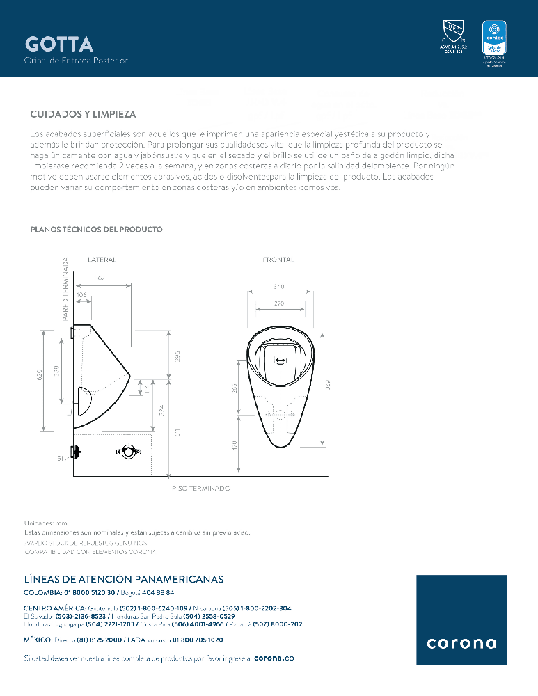 Orinal Corona Gotta Entrada Posterior - VIRTUAL MUEBLES