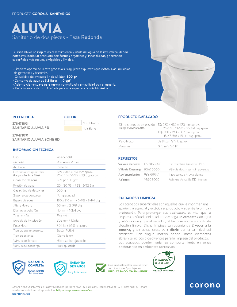 Sanitario Corona Aluvia alongado blanco - VIRTUAL MUEBLES