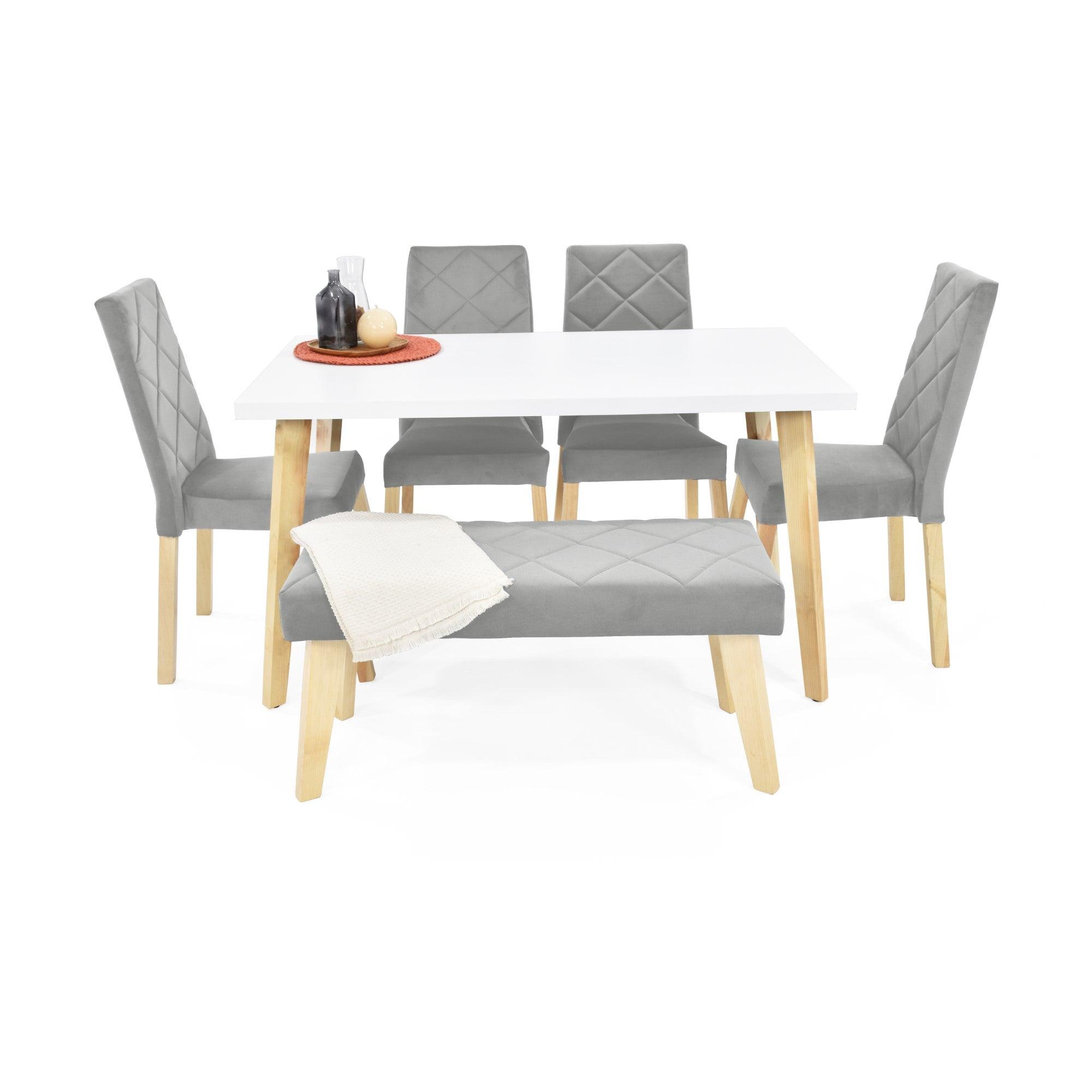 Juego de Comedor 6P Lugo Matiz Sillas y Butaco Liverpool Tela Plata - VIRTUAL MUEBLES