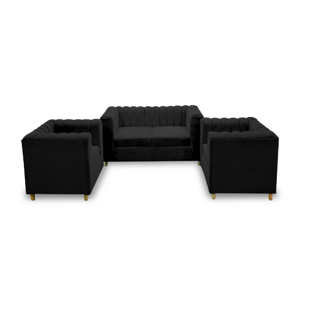Sala tres palacios negro, patas de madera - VIRTUAL MUEBLES