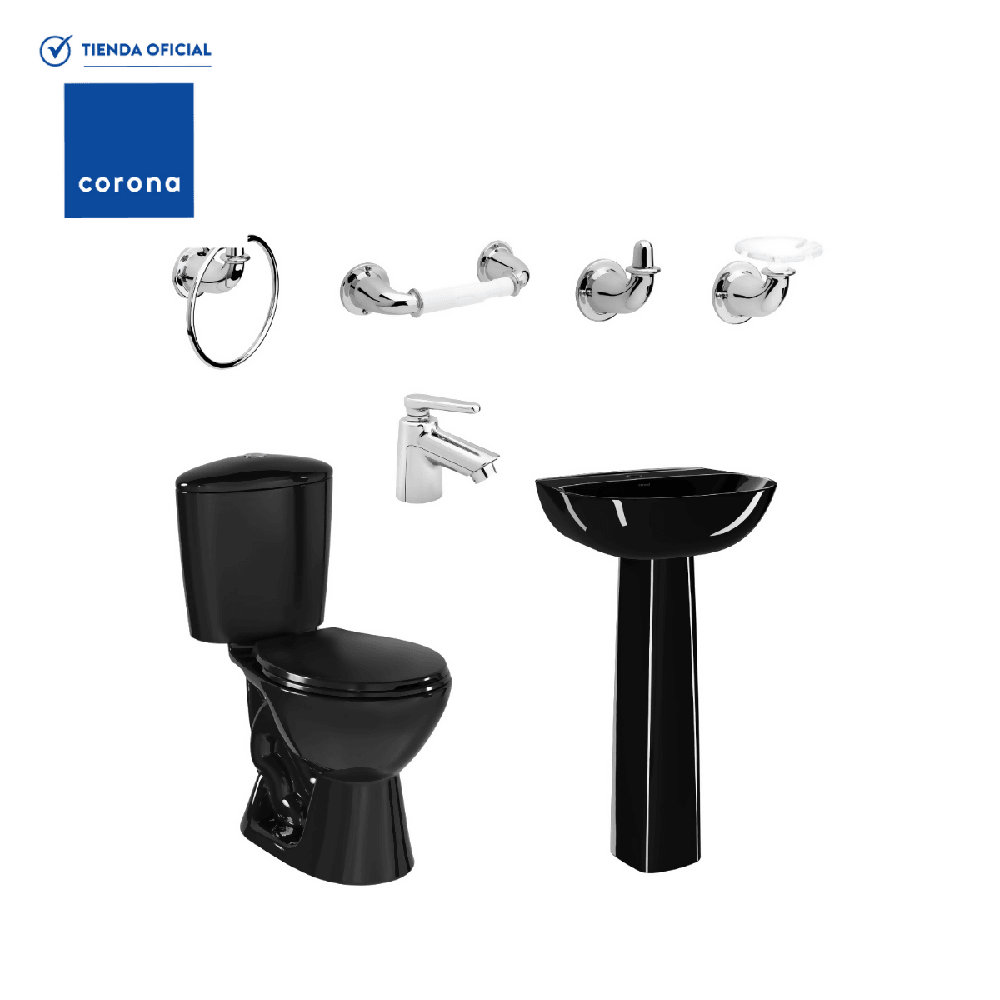 Combo Corona Sanitario Manantial Pro Redondo Botón con Pedestal Negro - VIRTUAL MUEBLES