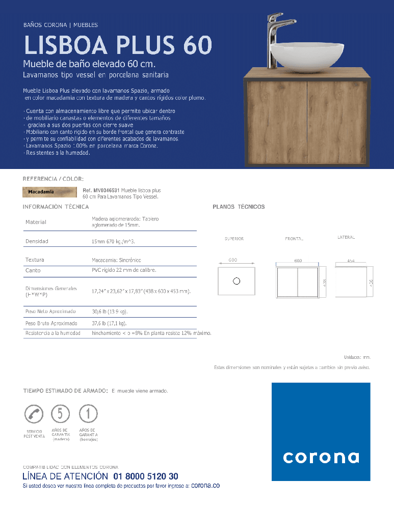 Mueble Lisboa Plus 60 cm Elevado con Lavamanos Spazio - VIRTUAL MUEBLES