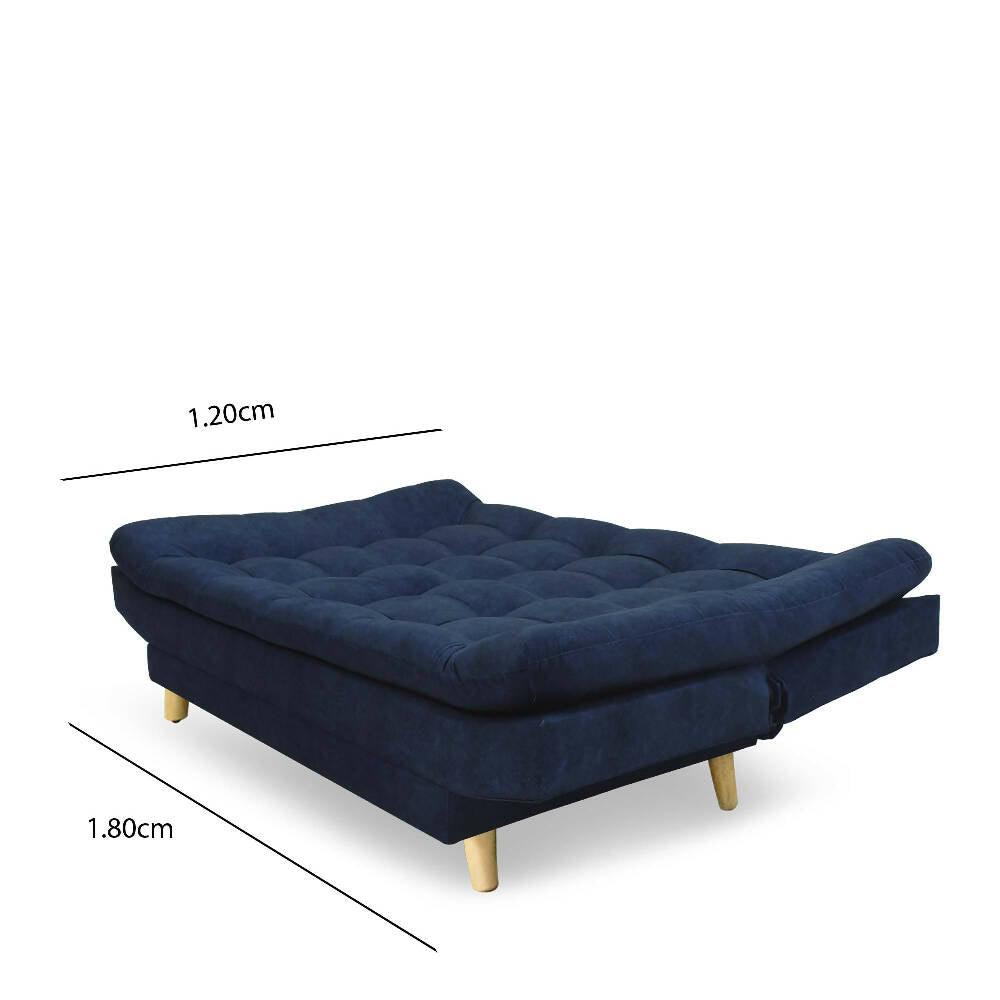 Sofá cama Moltochic con brazos Lino azul, mesa de centro, cojines mostaza - VIRTUAL MUEBLES