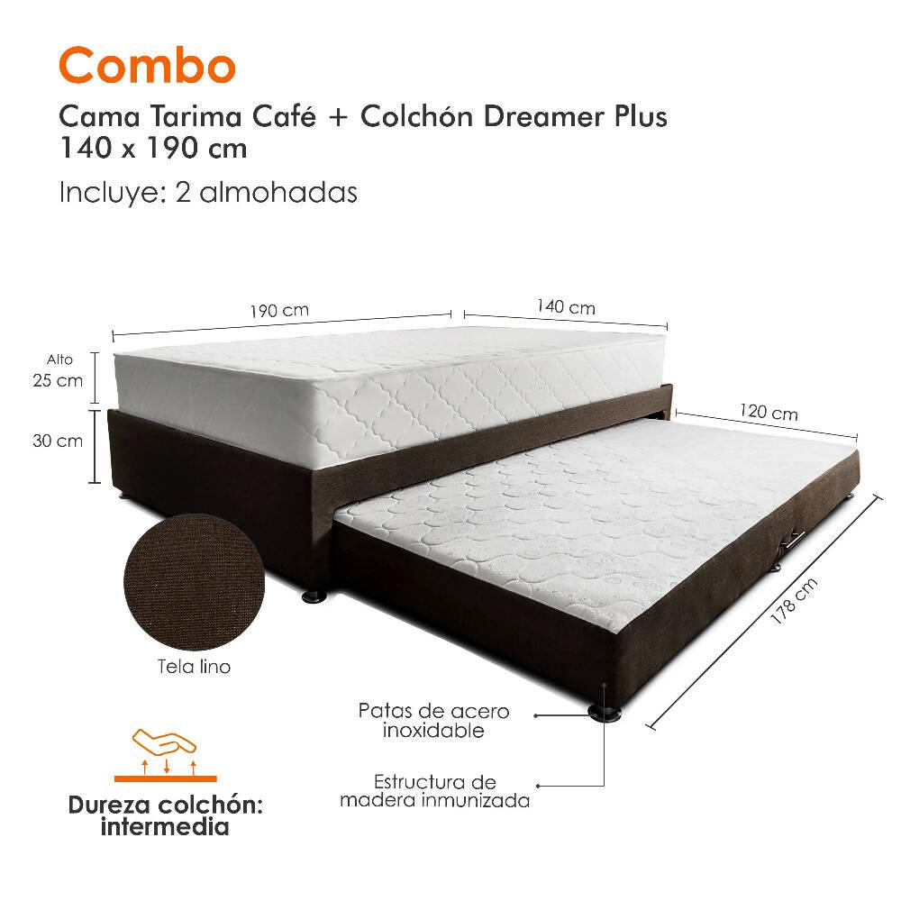 Combo cama Tarima café + colchón 140 x 190 cm + almohadas - VIRTUAL MUEBLES