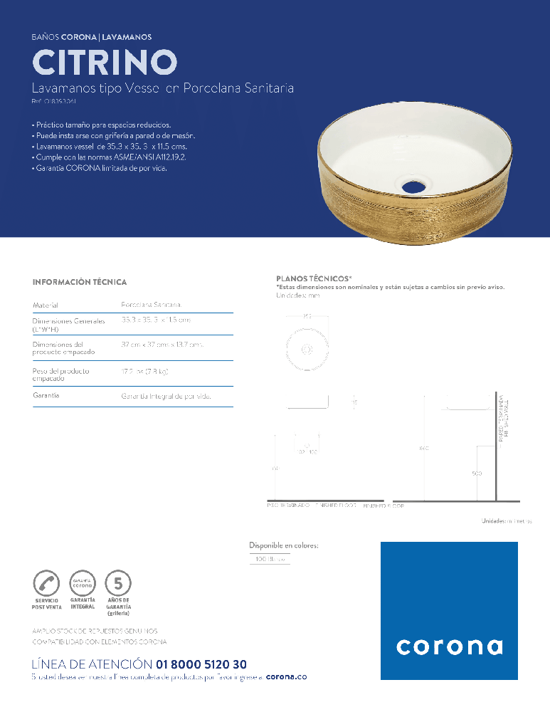 Lavamanos Corona Citrino Tipo Vessel - VIRTUAL MUEBLES
