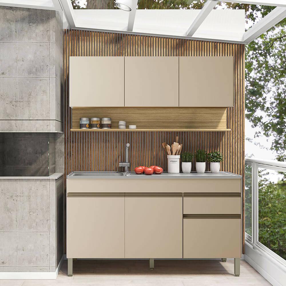 Cocina 150cm Hortensia 6 Puertas 1 Cajón Vainilla/Maderado Natural - VIRTUAL MUEBLES