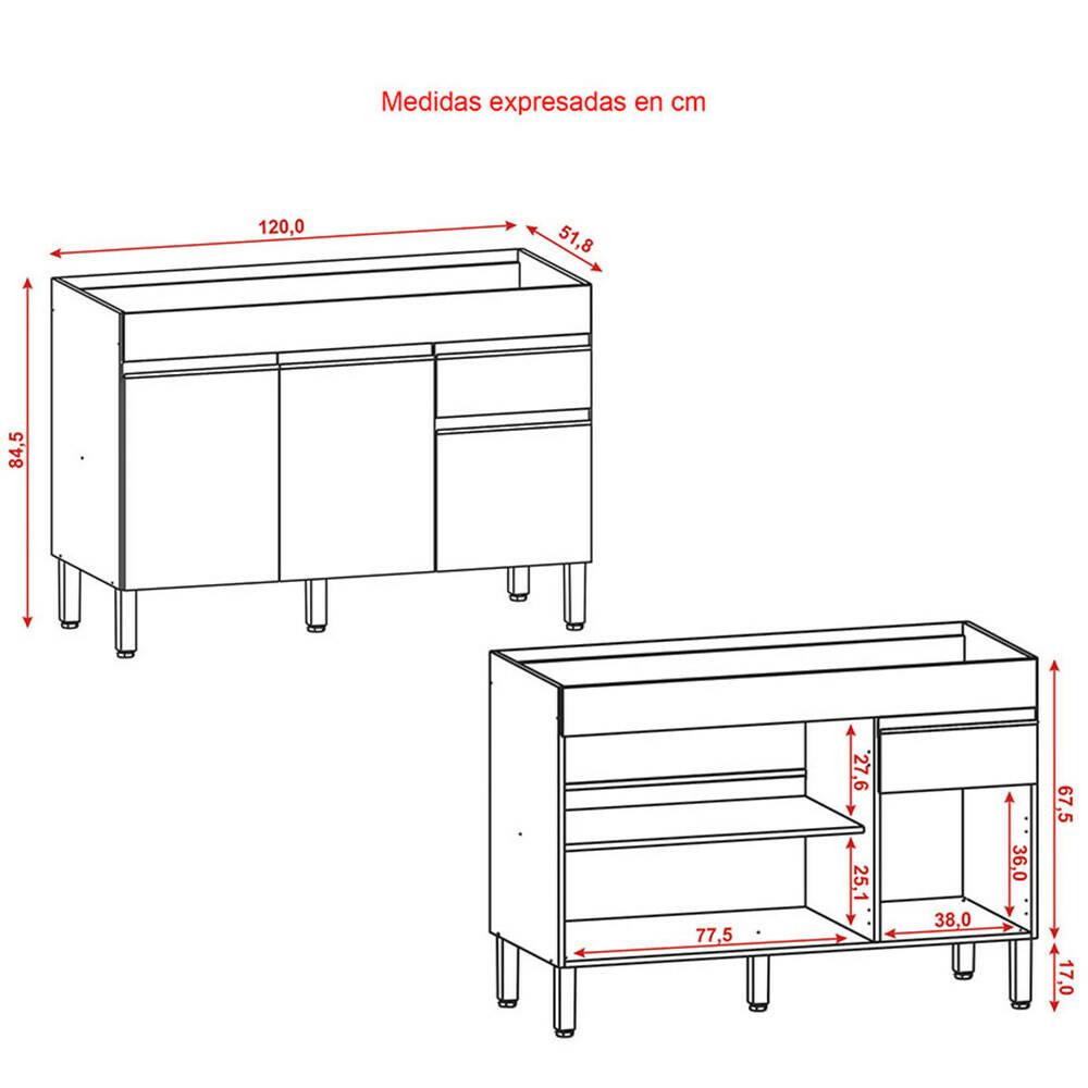 Mueble De Cocina Inferior Line 120cm 3 Puertas 1 Cajón Gris - VIRTUAL MUEBLES