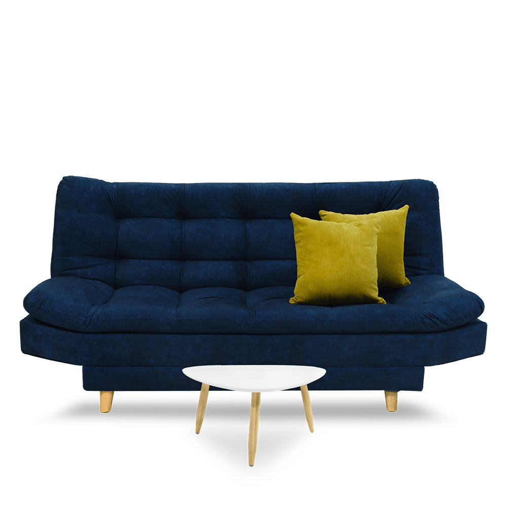 Sofá cama Moltochic con brazos Lino azul, mesa de centro, cojines mostaza - VIRTUAL MUEBLES