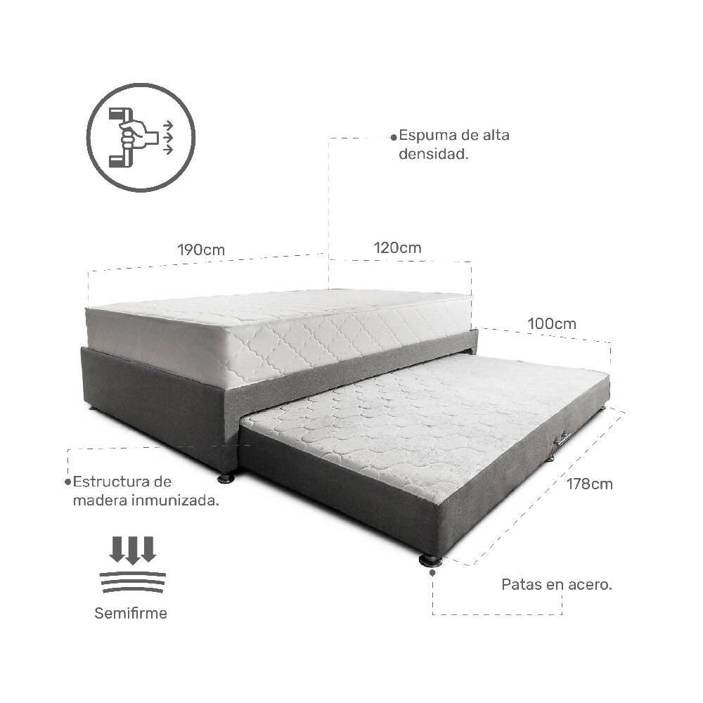 Combo Somier Nido Gris + Colchon Dreamer Plus 120 x 190 cm Dureza Intermedia + almohadas - VIRTUAL MUEBLES