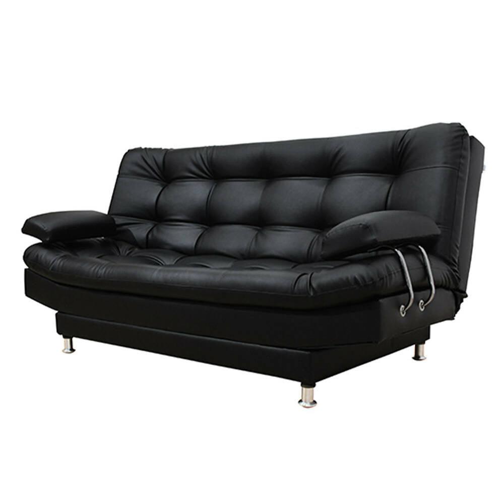Sofá cama Moltochic con brazos negro sintético, puff, mesa de centro y cojín - VIRTUAL MUEBLES