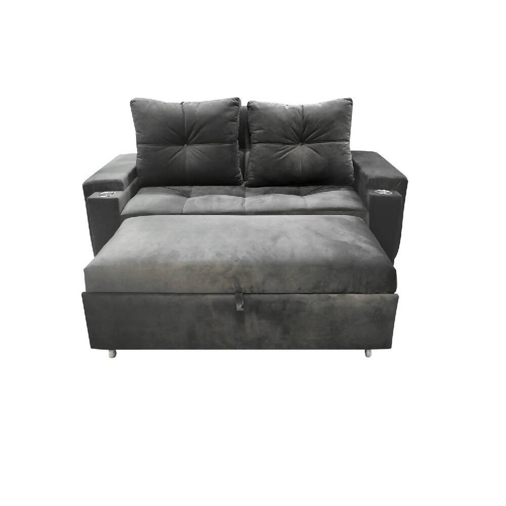 Sofá cama Dorian con porta vaso plata lino - VIRTUAL MUEBLES