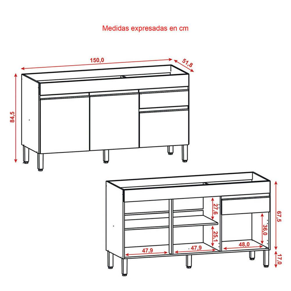 Cocina 150cm Hortensia 6 Puertas 1 Cajón Vainilla/Maderado Natural - VIRTUAL MUEBLES