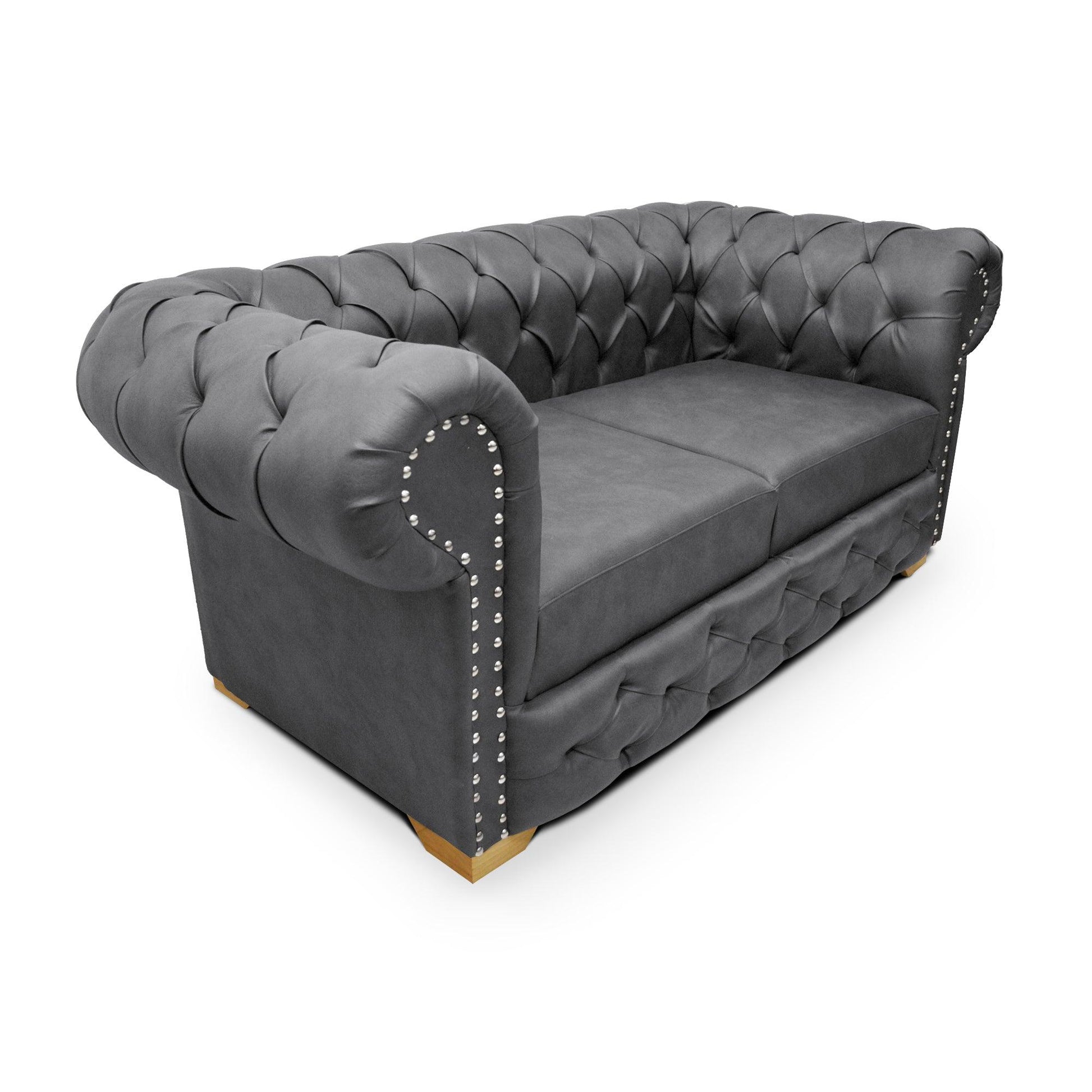 Sofá Chesterfield 2 puestos tipo cuero gris - VIRTUAL MUEBLES