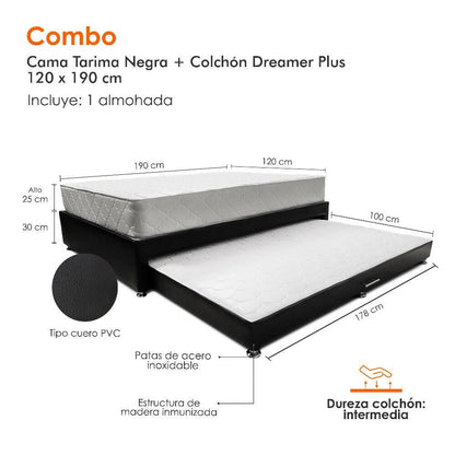 Combo cama Tarima negra + colchón 120 x 190 cm + almohada - VIRTUAL MUEBLES