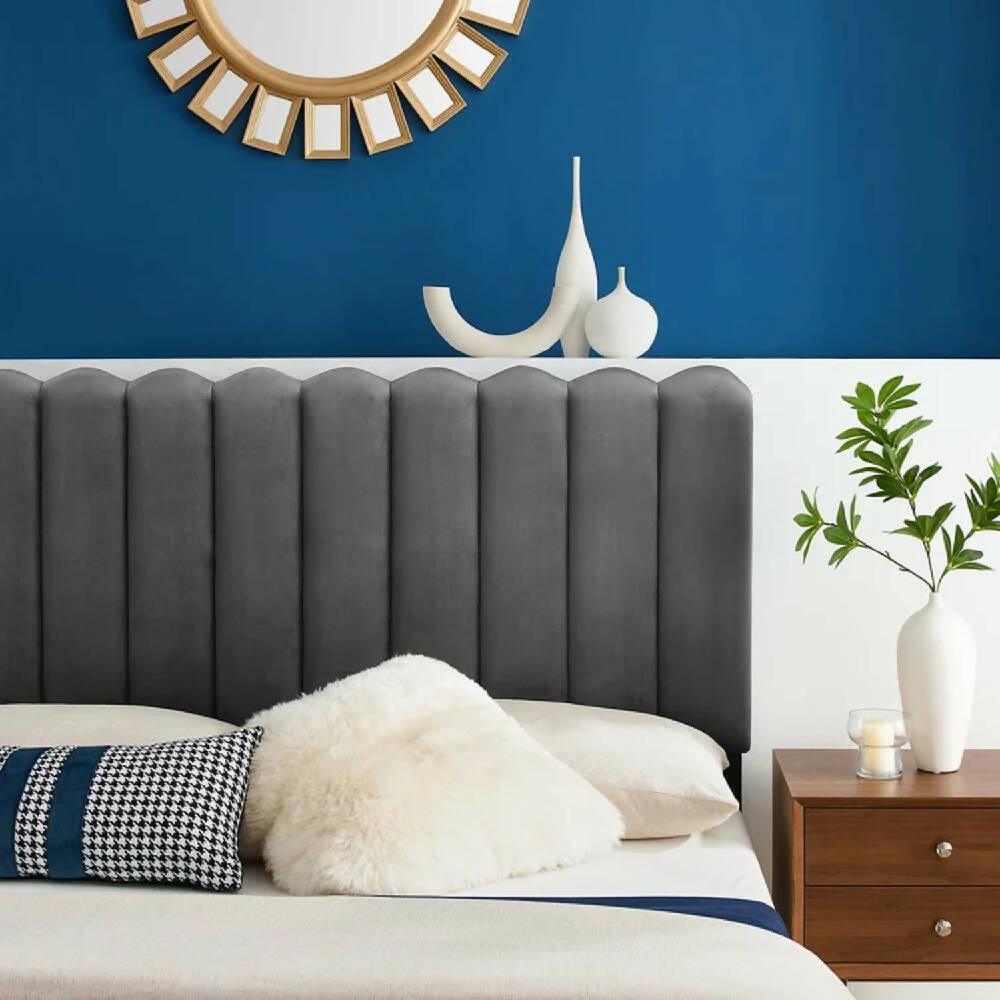 Cabecero Paneles Curvos Cama Queen Gris Oscuro