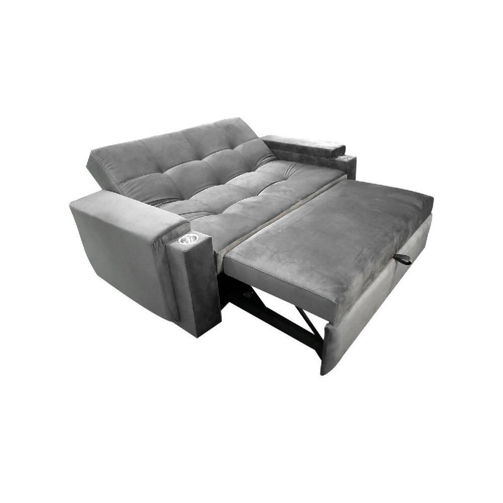 Sofá cama Dorian con porta vaso plata lino - VIRTUAL MUEBLES