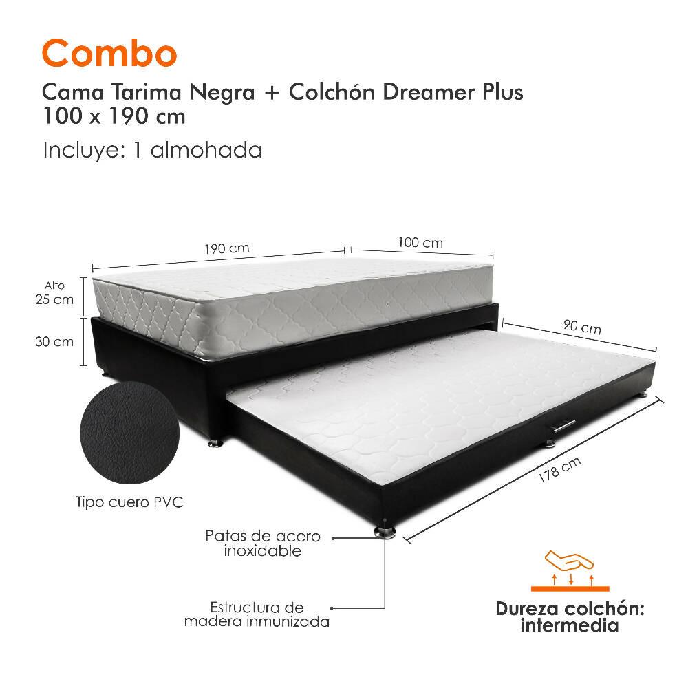 Combo cama Tarima negra + colchón 100 x 190 cm + almohada - VIRTUAL MUEBLES