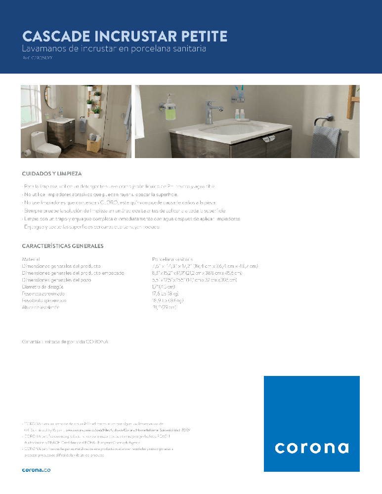 Lavamanos Corona Cascade Petite De Incrustar - VIRTUAL MUEBLES