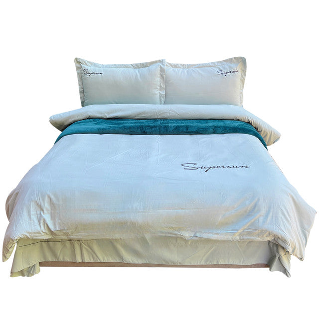 Funda Duvet Sampson Bordado Aqua Queen + Sábana Plana