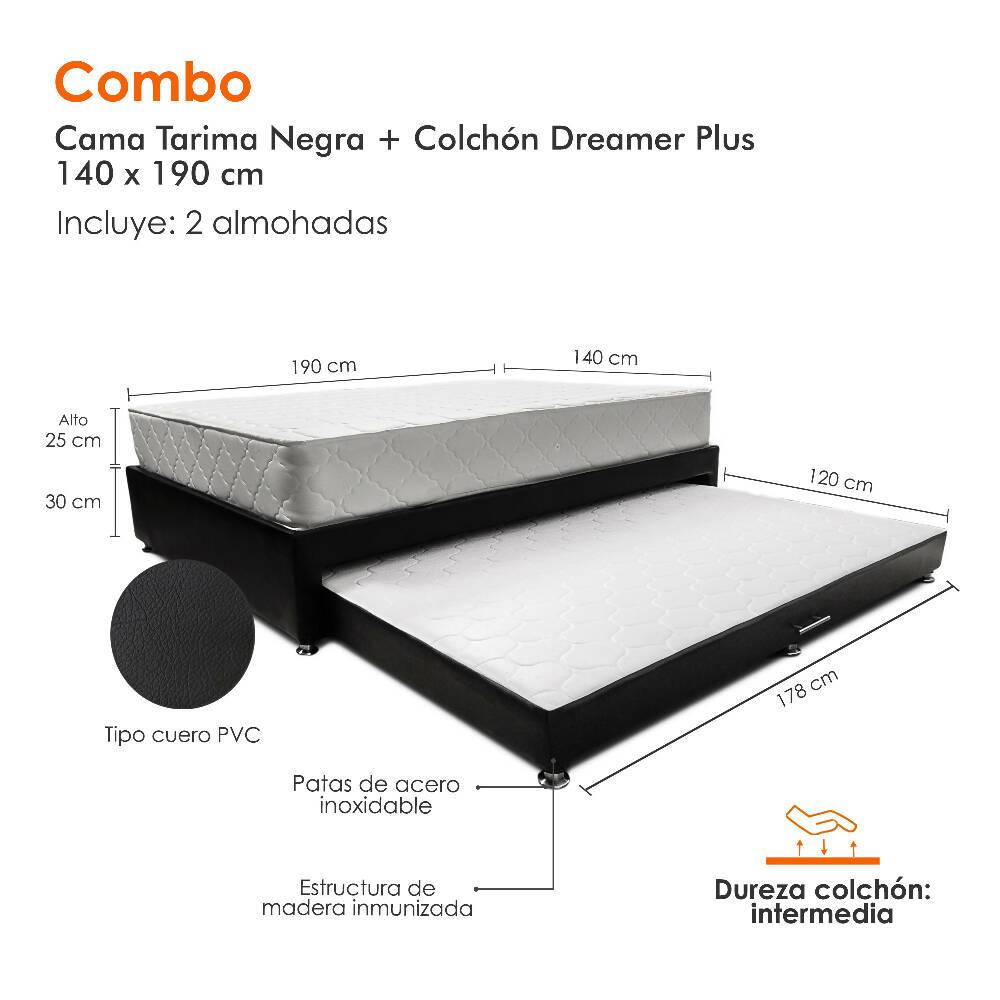 Combo cama Tarima negra + colchón 140 x 190 cm + almohadas - VIRTUAL MUEBLES