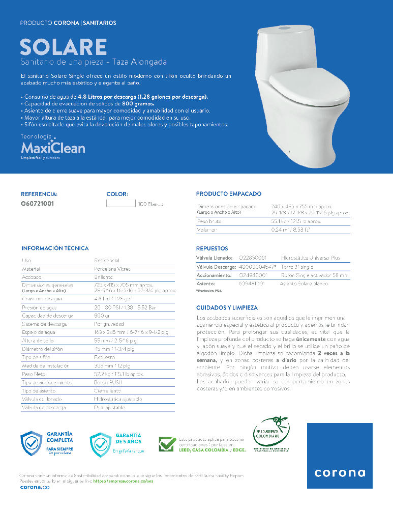 Sanitario Corona Solare Single - VIRTUAL MUEBLES