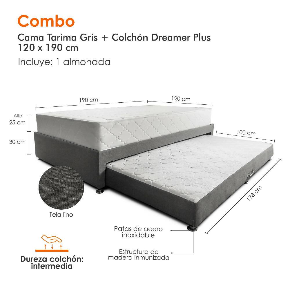 Combo cama Tarima gris + colchón 120 x 190 cm + almohada - VIRTUAL MUEBLES