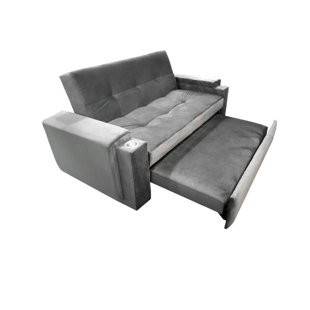 Sofá cama Dorian con porta vaso plata lino - VIRTUAL MUEBLES