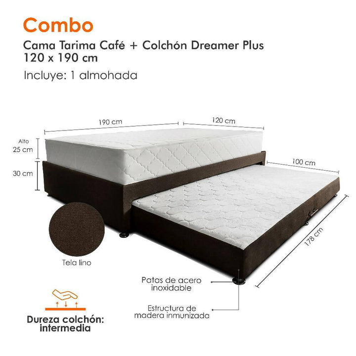 Combo cama Tarima café + colchón 120 x 190 cm + almohada - VIRTUAL