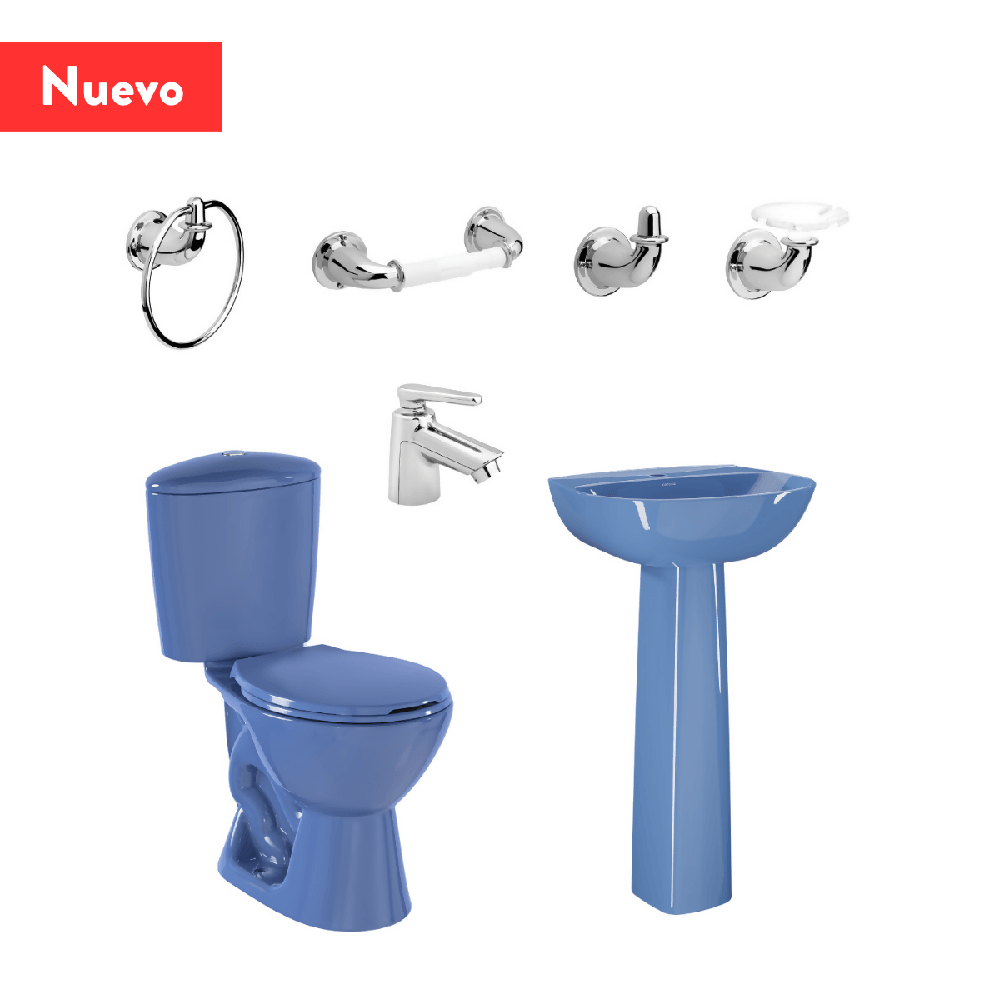 Combo Corona Sanitario Manantial Pro Redondo Botón con Pedestal Azul - VIRTUAL MUEBLES