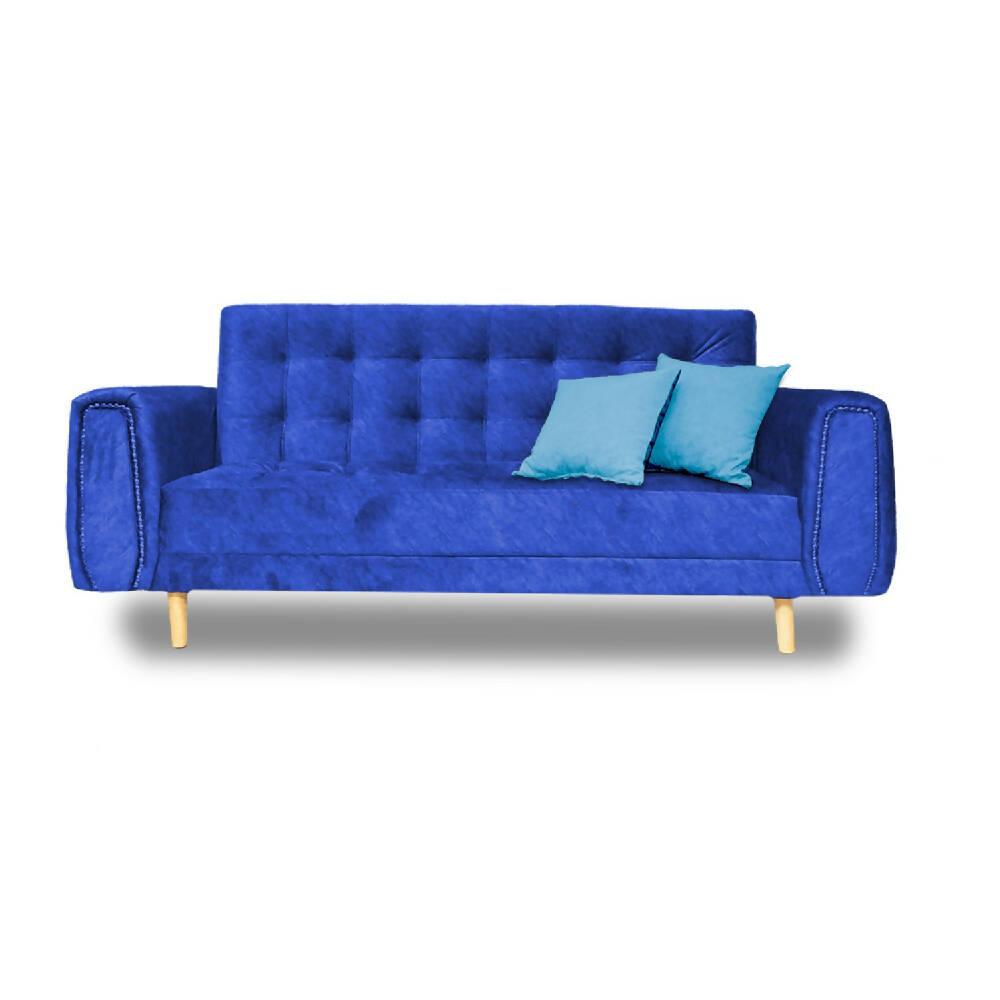 Sofá cama Mercury azul lino, pata de madera - VIRTUAL MUEBLES