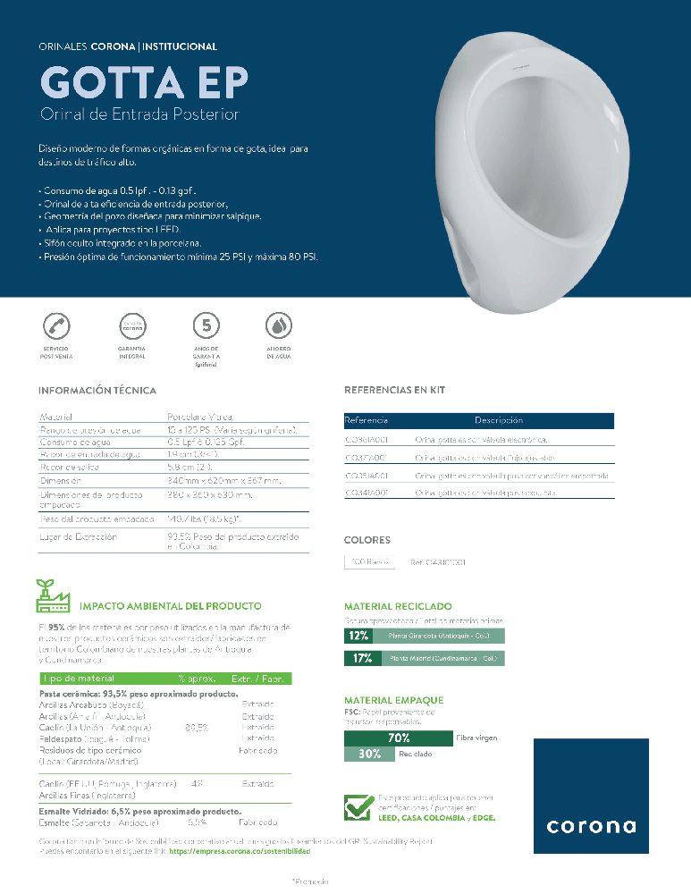 Orinal Corona Gotta Entrada Posterior - VIRTUAL MUEBLES