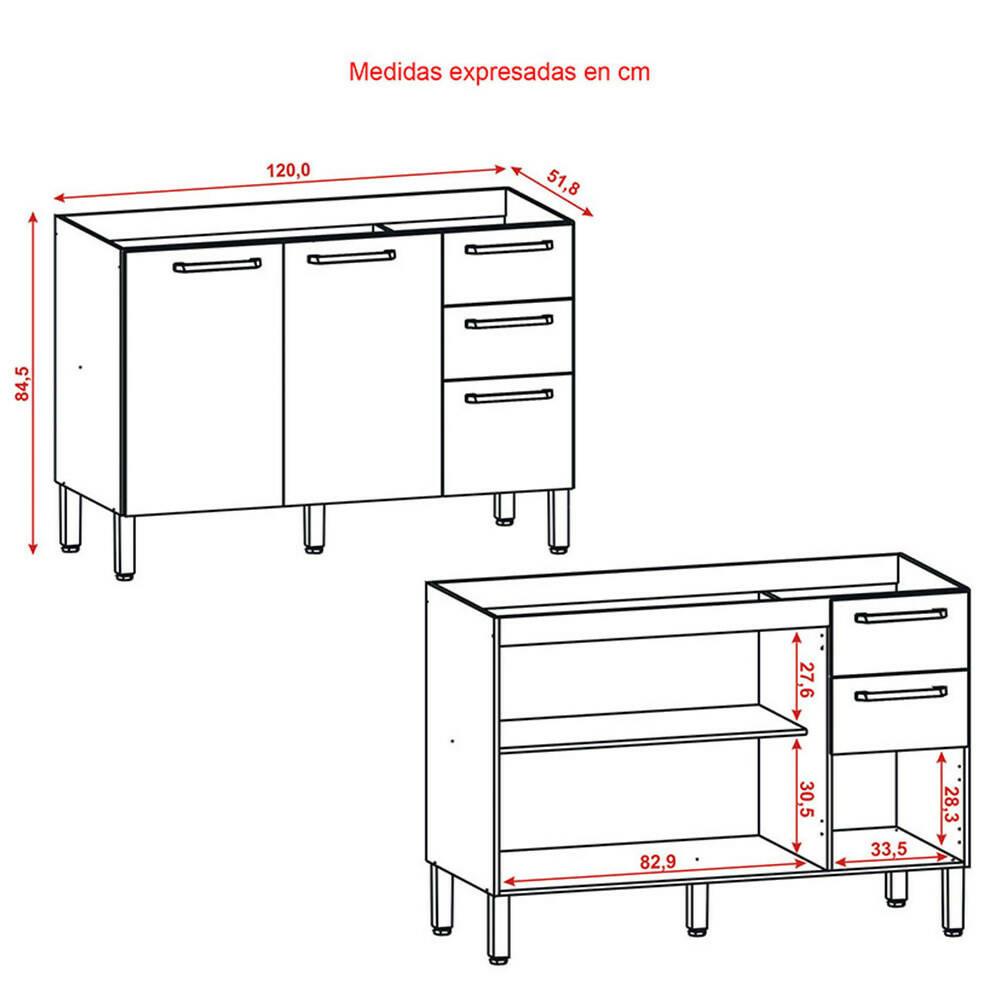 Cocina 120cm Jazmín 6 Puertas 2 Cajones Maderado Natural/Gris - VIRTUAL MUEBLES